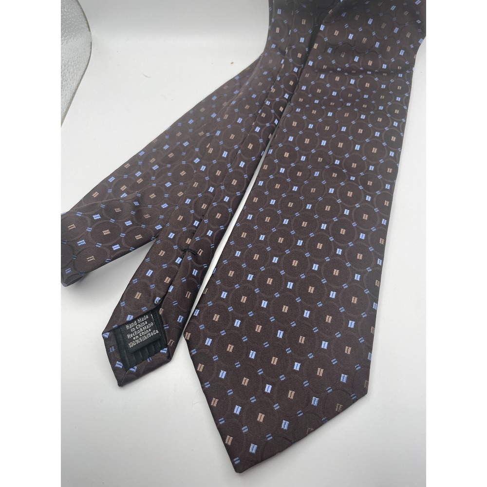 Kenneth Roberts Platinum Brown Silk Geometric Circle Square Pattern Mens Tie